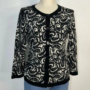 Vintage Talbots 100% Merino Wool Paisley Print Black White Cardigan Sweater